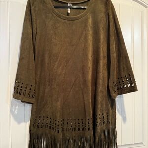 Monoreno Olive Tunic with Fringe Detail